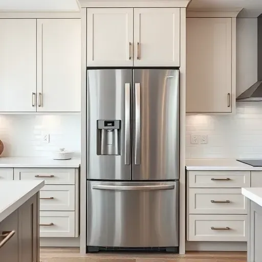 Finished stainless steel refrigerator integrated into custom cabinetry in a modern Herriman Utah kitchen with polished countertops and backsplash