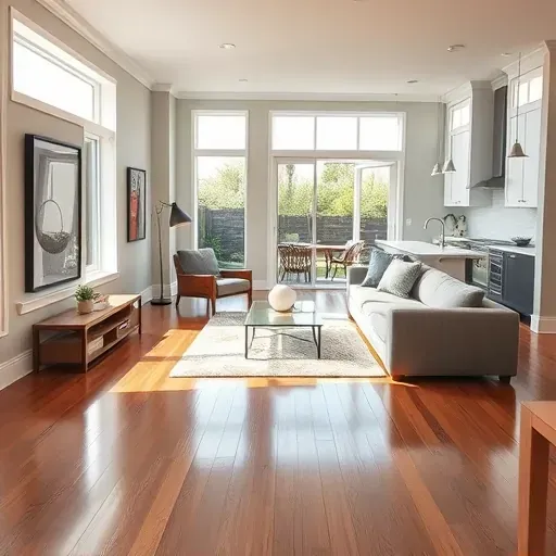 Modern open-concept living space in Riverton, UT with polished hardwood floors and elegant decor in soft grays and neutrals.