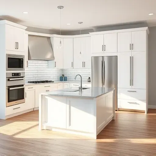 Modern Murray kitchen with white matte cabinets, quartz island, built-in appliances, subway tile backsplash, and wood-look vinyl flooring