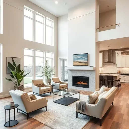 Modern living room in Draper UT with high ceilings, elegant decor, large windows, and sleek open kitchen design.
