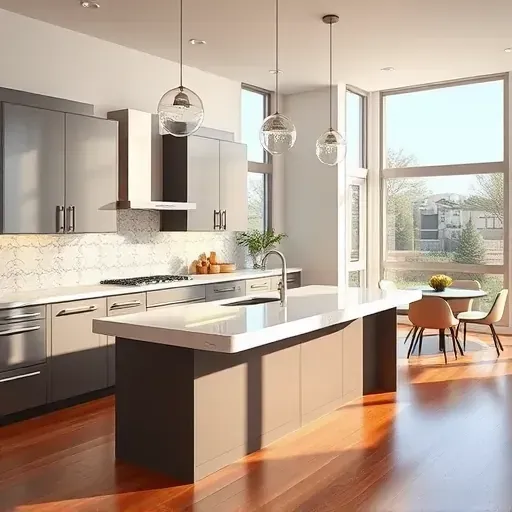 Remodeled North Salt Lake kitchen with matte modern cabinets stainless steel appliances quartz island hardwood flooring and natural light