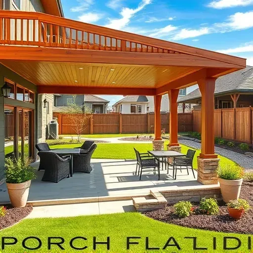 Beautiful finished porch and patio in Herriman Utah with polished wood railings, outdoor furniture, lush landscaping and vibrant flowers