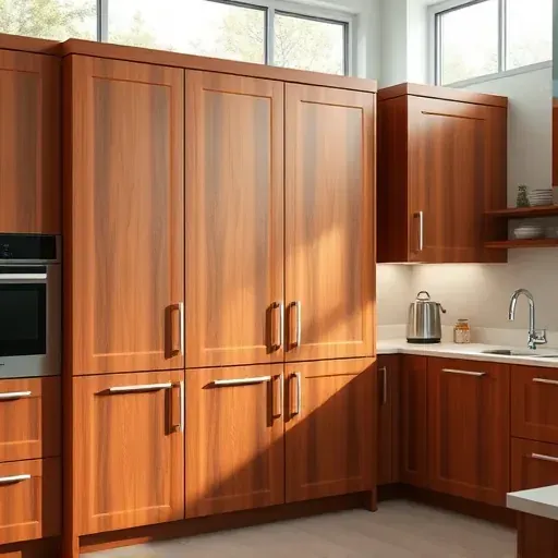 Refinished glossy wood kitchen cabinets in a modern bright kitchen with organized countertops and natural lighting