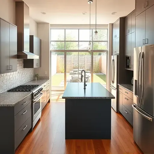 Modern renovated kitchen with sleek cabinets, stainless appliances, quartz island, large windows, hardwood floors, and ambient lighting.
