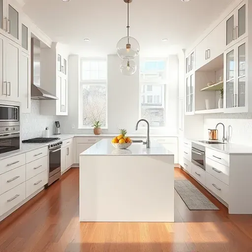 Remodeled 15th and 15th UT modern kitchen with sleek cabinetry quartz countertops stainless steel appliances natural light hardwood floors stylish island pendant lights geometric backsplash and minimal decor