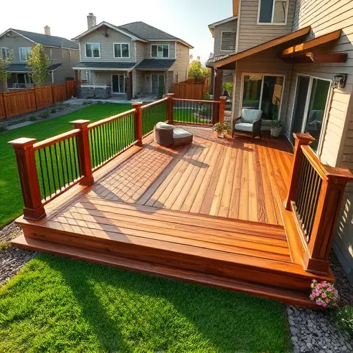 Newly built wooden deck in Herriman Utah with stained planks, sturdy beams, elegant railings, surrounded by manicured lawn and modern houses