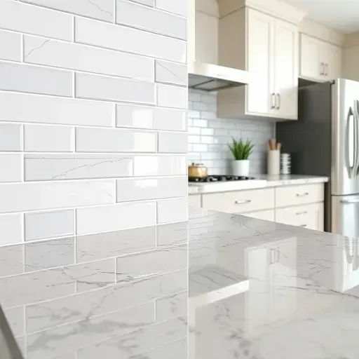 Finished glossy ceramic tile backsplash in a modern Herriman kitchen with granite countertop and neutral cabinetry