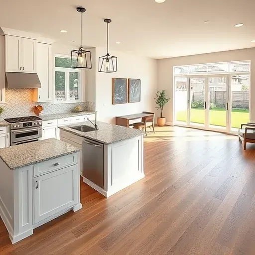 Stunning kitchen renovation in Kaysville UT featuring white cabinetry, stainless appliances, granite island, and bright living area.