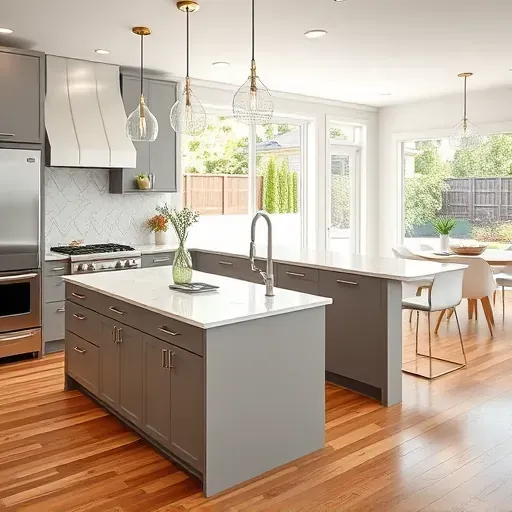 Modern remodeled Holladay Utah kitchen with matte cabinetry marble island stainless steel appliances hardwood floors and open-concept design