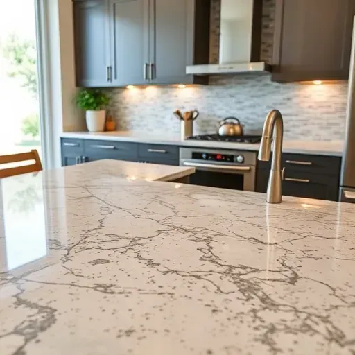 Freshly installed polished granite kitchen countertop in Herriman Utah with natural veining and reflective shine