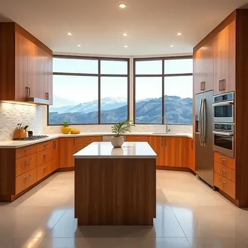 Remodeled Highland Utah kitchen with modern wood cabinets stainless steel appliances granite island large windows mountain view and stylish backsplash