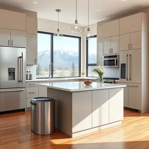Remodeled modern kitchen in Cottonwood Heights Utah with matte cabinetry stainless steel appliances marble island natural light mountain view hardwood floor stylish accessories