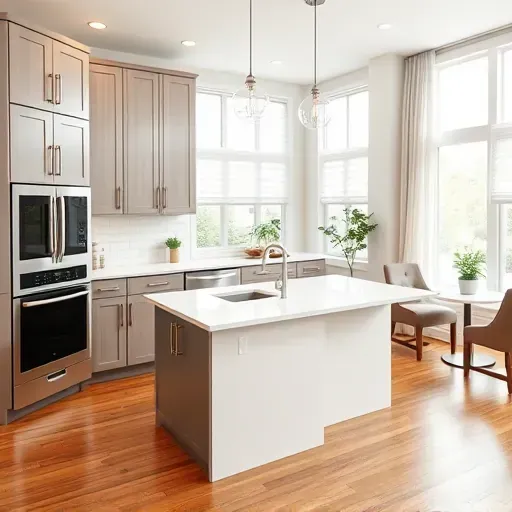 Modern remodeled Taylorsville UT kitchen with sleek cabinetry, quartz island, stainless appliances, hardwood floors, and natural light