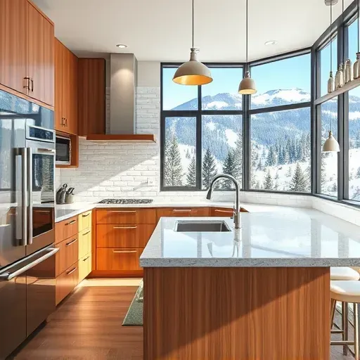 Renovated Jeremy Ranch kitchen with modern wood cabinetry, granite counters, stainless appliances, and mountain view.