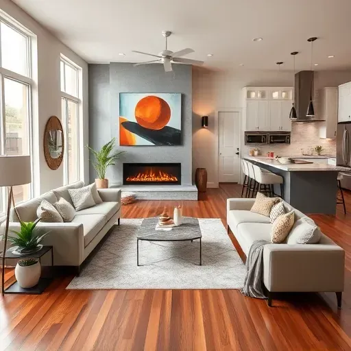 Modern living room in 15th and 15th, UT, featuring natural light, sleek furniture, cozy fireplace, and elegant decor.