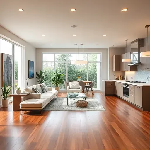 Renovated modern living room with hardwood floors, large windows, stylish furniture, and open-concept kitchen.