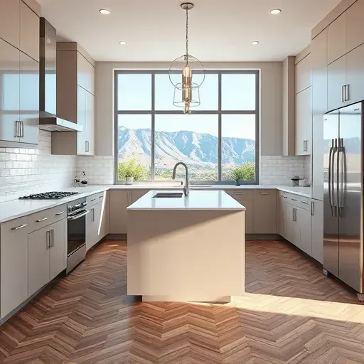 Renovated Federal Heights kitchen with sleek cabinetry, stainless steel appliances, granite counters, and hardwood floors.