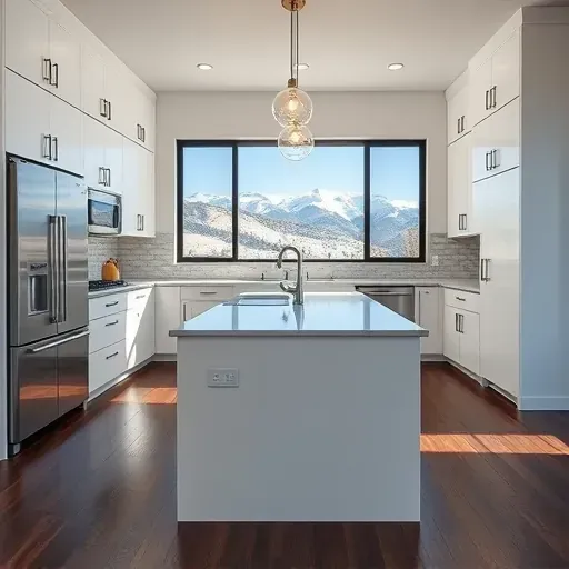 Recently renovated modern kitchen in Park City with white cabinetry, marble island, stainless appliances, mountain views