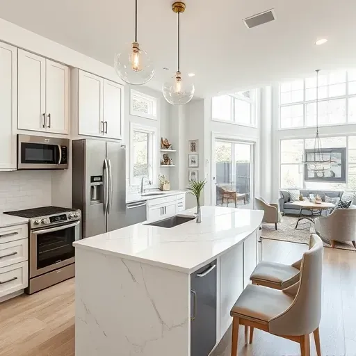 Remodeled Harvard-Yale kitchen with neutral cabinetry, granite countertops, stainless steel appliances, hardwood floors, and large windows.