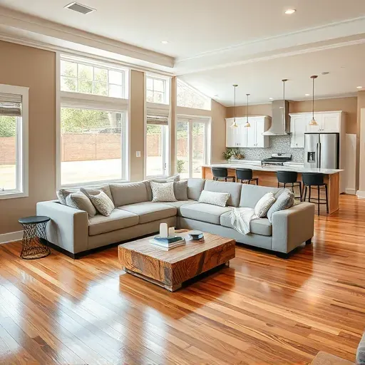 Modern living room in Sandy UT with hardwood floors, stylish decor, and open kitchen, creating an inviting atmosphere.