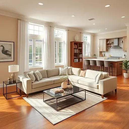 Home remodeling in East Millcreek UT featuring a renovated living room with beige walls, chic decor, and bright natural light.