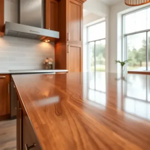 Refinished wooden kitchen cabinet with glossy finish, rich stain, sleek quartz countertop, modern backsplash and natural light