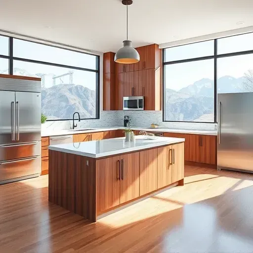 Modern remodeled kitchen in Emigration Canyon, UT with wood cabinetry, stainless appliances, granite island, and canyon views.
