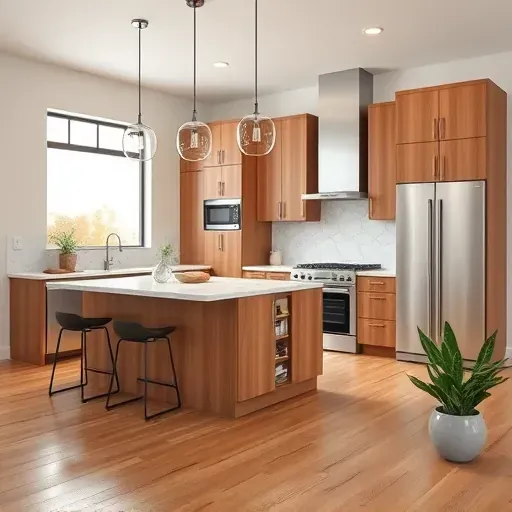 Renovated Highland UT kitchen with warm wood cabinets marble island stainless appliances natural light polished hardwood