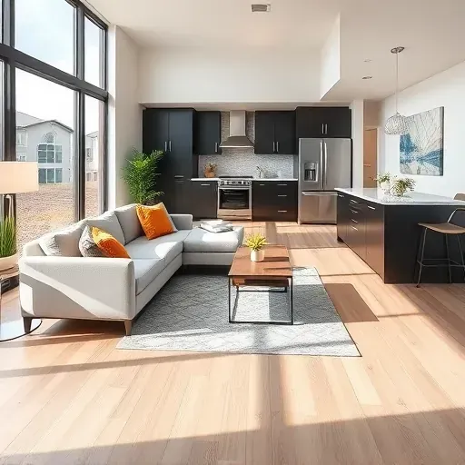 Modern living room in Cottonwood Heights, UT, showcasing elegant hardwood floors and sleek dark cabinetry with natural light.