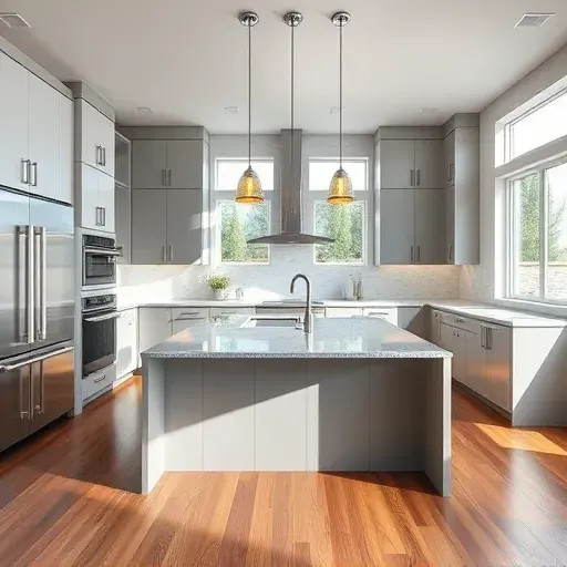 Remodeled Herriman kitchen with matte cabinets, stainless steel appliances, granite island, hardwood floors, and modern lighting.