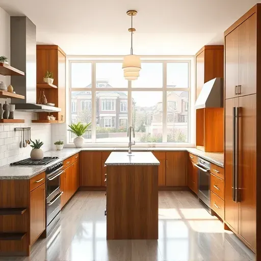 Modern kitchen in Sugarhouse, UT with stainless appliances, granite island, warm wood cabinetry, stylish lighting, and natural light.