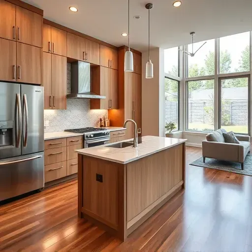 Modern renovated Park City kitchen with high-end cabinetry, quartz counters, mountain views, and stylish, warm hardwood floors.
