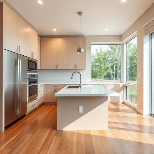 Modern Bluffdale kitchen with sleek neutral cabinets, quartz countertops, stainless steel appliances, subway backsplash, island, and hardwood floors