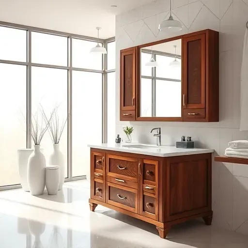 Modern luxurious bathroom with a custom marble vanity, rich wood cabinetry, chrome fixtures, and soft natural light
