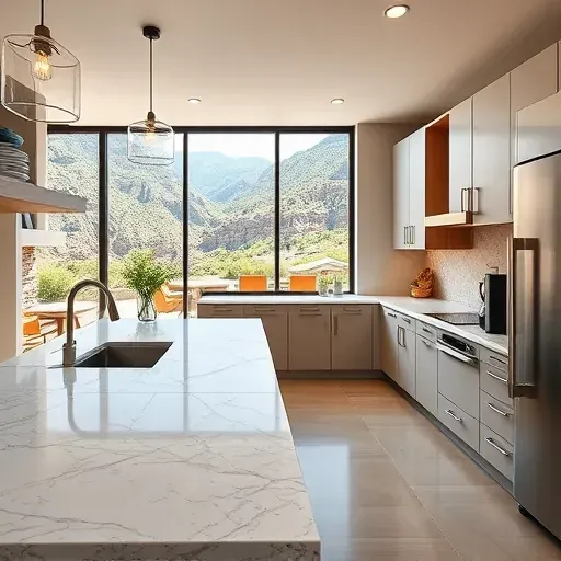 Freshly remodeled kitchen in Emigration Canyon, UT with granite countertops, matte cabinetry, and scenic canyon views.