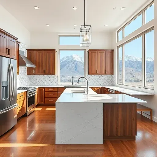 Remodeled Canyon Rim Utah kitchen with quartz countertops stainless steel appliances wooden cabinetry island pendant lights scenic mountain view