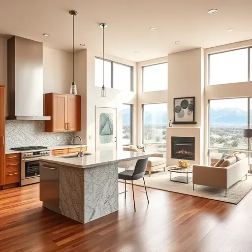 Modern kitchen and living space remodel in Salt Lake City with stainless appliances, granite countertops, and hardwood floors.