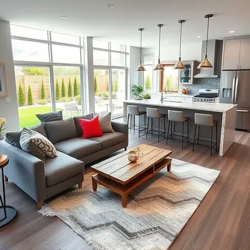 Home remodeling project in Draper UT showcases a modern open living space with sleek furniture and vibrant decor.