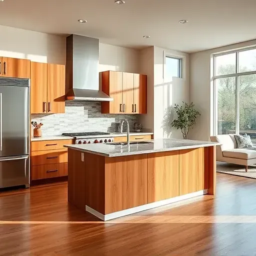 Remodeled Olympus Cove kitchen with modern wood cabinets stainless steel appliances granite island hardwood floors and natural light