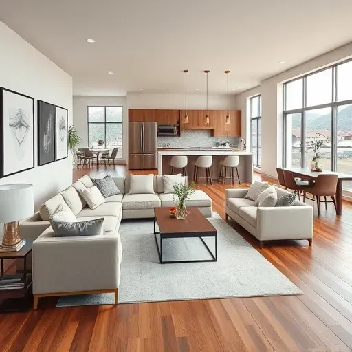 Renovated Wasatch Hollow living room with modern furniture, hardwood floors, artwork, and an open kitchen with quartz counters.