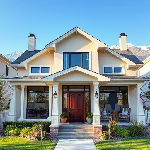 Home remodeling in Holladay UT featuring modern classic architecture, landscaped garden and Wasatch Mountains backdrop.