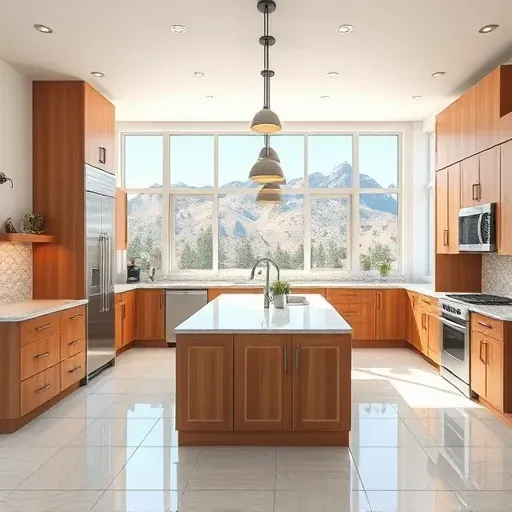 Spacious Canyon Rim kitchen with granite countertops wooden cabinets stainless-steel appliances large island natural light mountain view