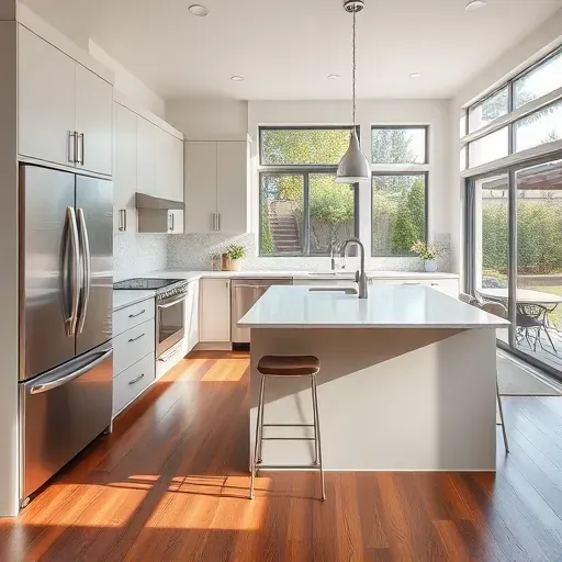 Recently remodeled modern kitchen on Foothill Boulevard UT with sleek cabinetry, stainless steel appliances, quartz countertops, and hardwood flooring