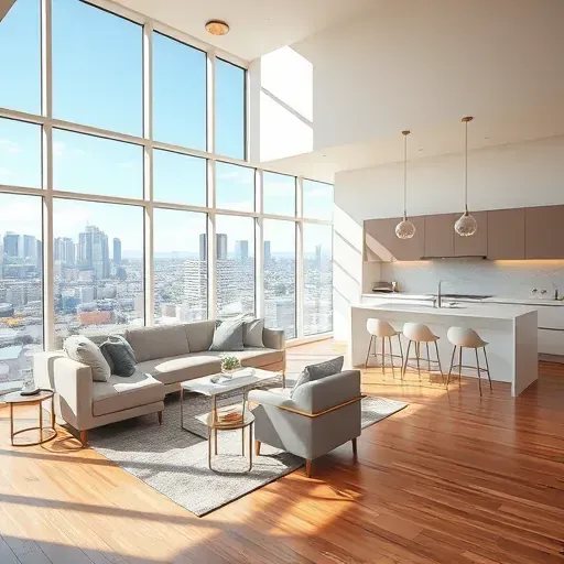 Salt Lake City home interior with modern living room, stylish kitchen, city skyline views, bright decor, and polished hardwood floors.