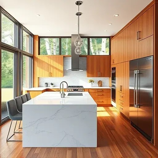 Beautiful open-concept kitchen in East Bench Utah with quartz countertops stainless steel appliances and warm wood cabinets