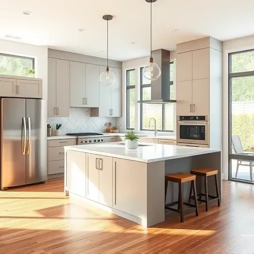 Remodeled Riverton kitchen with matte cabinetry, stainless appliances, marble island, pendant lighting, and backyard view.