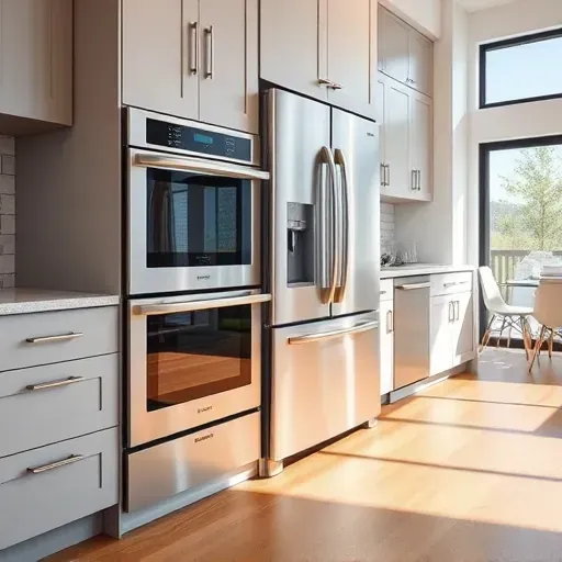Recently installed stainless steel built-in appliances in a modern Herriman Utah kitchen with quartz countertops hardwood floors and natural light