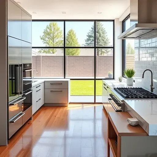 Remodeled Holladay, UT kitchen featuring matte black cabinets, stainless steel appliances, granite island, and natural sunlight.