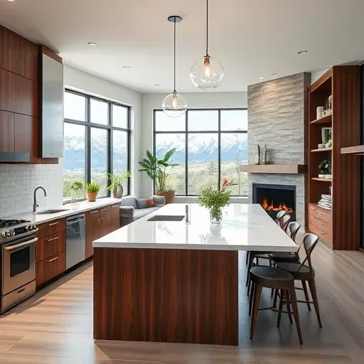 Modern kitchen remodel in North Salt Lake Utah featuring walnut cabinetry, quartz island, stainless appliances, and mountain views.