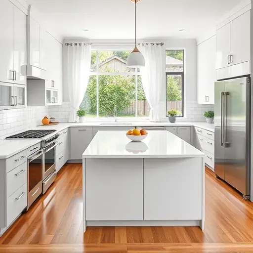 Remodeled Farmington Utah kitchen with white and gray cabinets, quartz island, stainless steel appliances, hardwood floors, and natural light